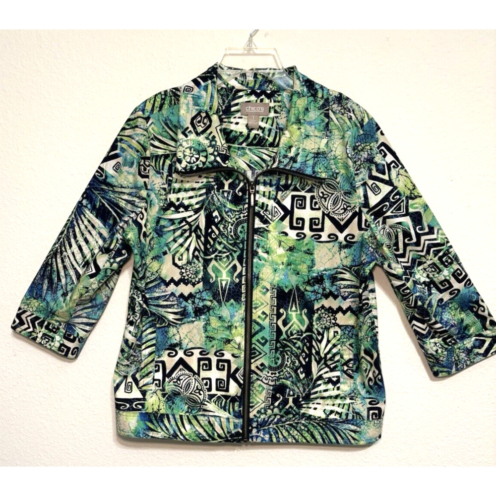 Lightweight Tropical Zip-Up Jacket CHICOs Size 1 (Large) Green‎ Abstract Pattern